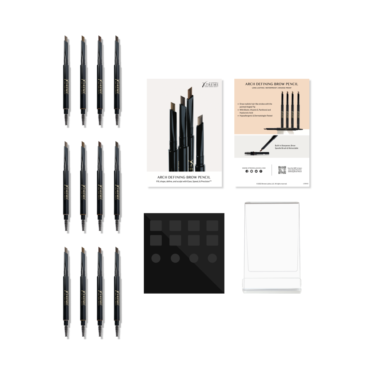 Jeweils 3 Stück der vier Farbe des augenrbrauen Stift mit einem Display in schwarz und Werbetafel
