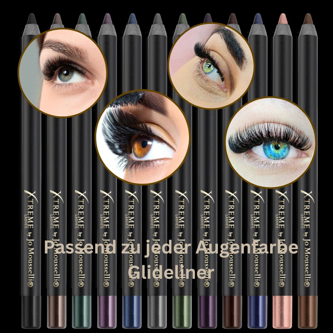 Auf schwarzem Hintergrund 12 Farbige Gel Eyeliner Stifte von Xtremelashes.Im oberen Bereich vier Nahaufnahmen mit vershcieden Augenfarben